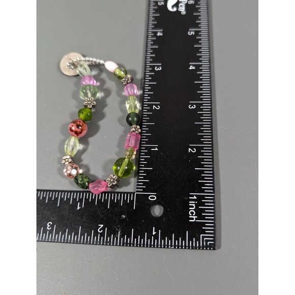 Green Pink Glass Bead Flower Toggle Bracelet Boho Festival Beachy 7" Star - Picture 9 of 9
